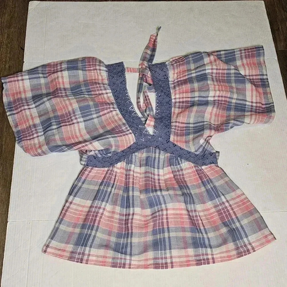 Free People Boho,Plaid/Lace Open Back Cottagecore Batwing Blouse XS - Picture 8 of 12